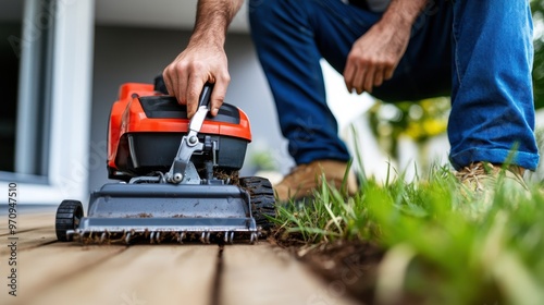 A man is seen working with a lawn aerator tool on a wooden deck outdoors, highlighting his focus and effort in maintaining the garden or backyard area.