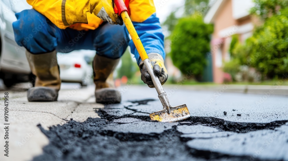 A worker clad in protective gear is seen diligently shoveling asphalt to repair a road, capturing the essence of urban maintenance and the effort involved in public infrastructure work. A worker clad in protective gear is seen diligently shoveling asphalt to repair a road, capturing the essence of urban maintenance and the effort involved in public infrastructure work.