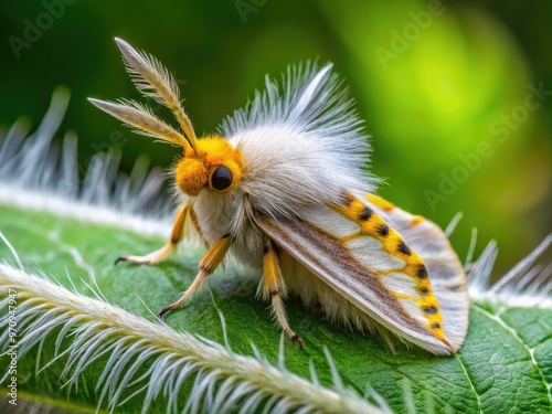 A close-up shot of a definite tussock moth perched on a leaf, showcasing its distinctive white and brown fur, yellow stripes, and feathery antennae in sharp focus. photo