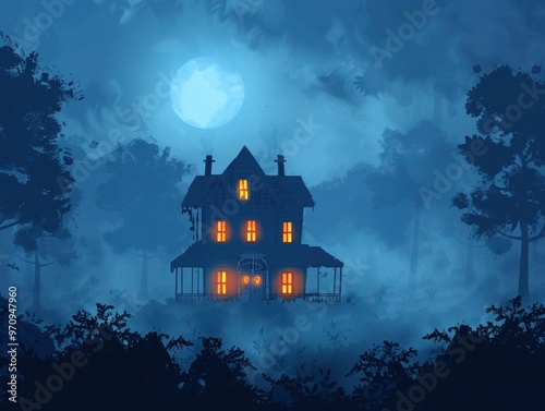 Misty morning with haunted house silhouette, creepy Halloween, flat design illustration.,