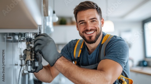 A cheerful plumber crouching beneath a kitchen sink, skillfully fixing pipes, symbolizes reliability and the essential role of tradespeople in everyday life.