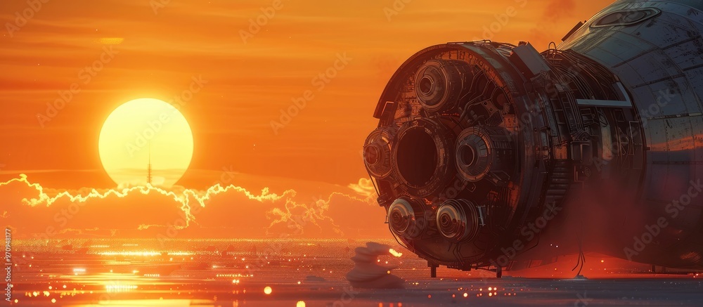 Powerful spacecraft launch with rocket engines firing against a ...