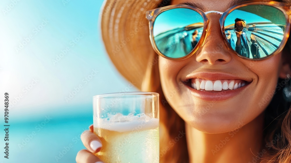 A woman wearing a sunhat and sunglasses enjoys a refreshing drink near the beach, capturing the relaxed and sunny atmosphere of a seaside getaway. A woman wearing a sunhat and sunglasses enjoys a refreshing drink near the beach, capturing the relaxed and sunny atmosphere of a seaside getaway.