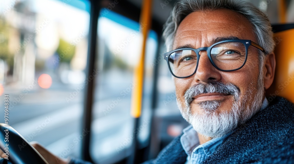 An experienced man drives a bus through city streets during the day, reflecting duty, service, and public transportation in an urban setting. An experienced man drives a bus through city streets during the day, reflecting duty, service, and public transportation in an urban setting.