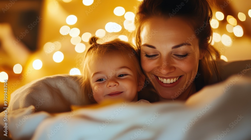 A mother and her young child share delightful smiles while cuddled under a warm blanket against a backdrop of twinkling lights, exuding warmth and love. A mother and her young child share delightful smiles while cuddled under a warm blanket against a backdrop of twinkling lights, exuding warmth and love.