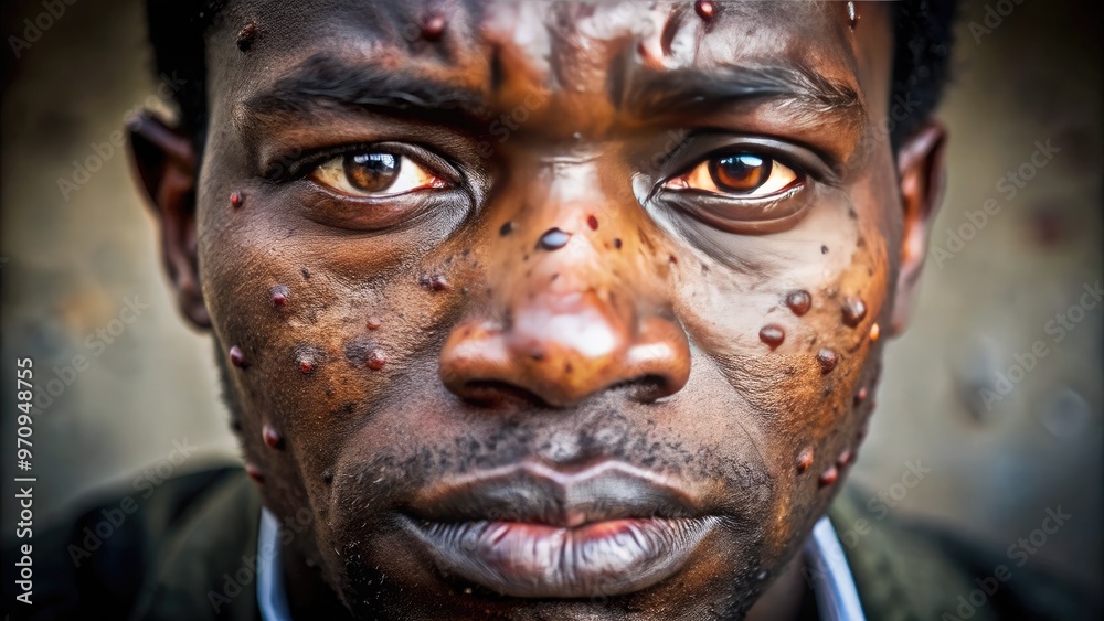A close-up view of a dark-skinned adult's face, showcasing numerous pitted scars and blemishes, a testament to the devastating effects of smallpox infection. A close-up view of a dark-skinned adult's face, showcasing numerous pitted scars and blemishes, a testament to the devastating effects of smallpox infection.