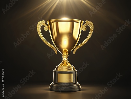 A shiny golden trophy cup on a black background with light beams shining down on it.