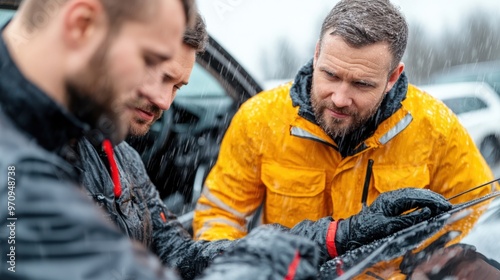 Three men in bright jackets closely examine a vehicle in the rain, showing a serious, focused situation involving teamwork, problem-solving, and outdoor conditions.