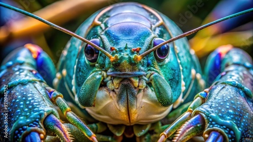 A close-up view of a crayfish's external anatomy, showcasing its vibrant blue-green shell, segmented body, and prominent claws, antennae, and compound eyes. photo