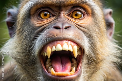 A close-up view of a monkey's partially open mouth reveals prominent canine teeth, surrounded by a furry upper and lower lip, in a natural habitat setting.