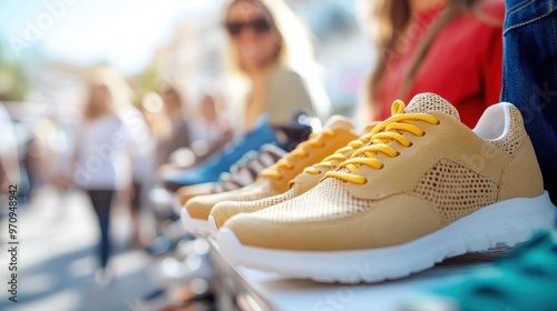 A close-up of stylish beige sneakers displayed on a shelf in a bustling market, among multiple shoe options in vibrant colors, capturing the essence of shopping and fashion. photo