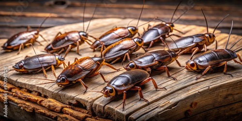 A cluster of dark brown American wood cockroaches with oval-shaped bodies and long antennae scurry across a weathered wooden plank in a dimly lit environment. photo