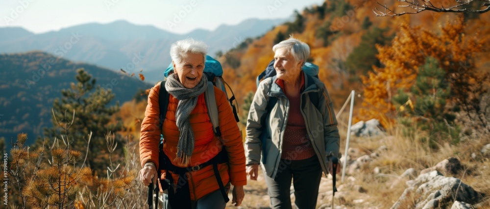 Two elderly hikers explore a scenic mountainous trail in fall, surrounded by vibrant autumn foliage.