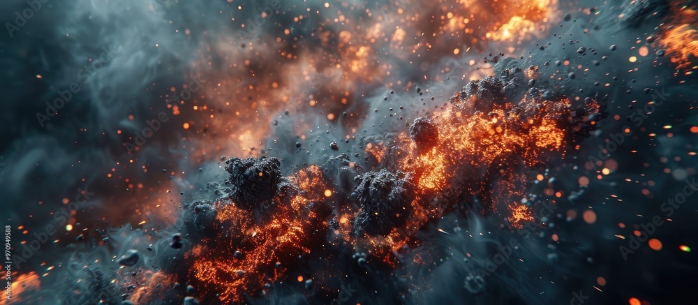 Massive fiery explosion with towering flames billowing smoke and intense heat causing catastrophic destruction and chaos across a wide area
