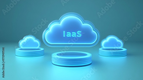 Futuristic representation of IaaS cloud computing technology in glowing blue, illustrating innovative digital infrastructure solutions.