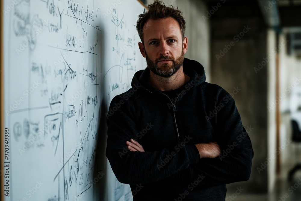 A dedicated soccer coach stands with crossed arms beside a whiteboard covered in tactical diagrams. He passionately discusses strategies with a focused expression, immersed in the planning process. A dedicated soccer coach stands with crossed arms beside a whiteboard covered in tactical diagrams. He passionately discusses strategies with a focused expression, immersed in the planning process.