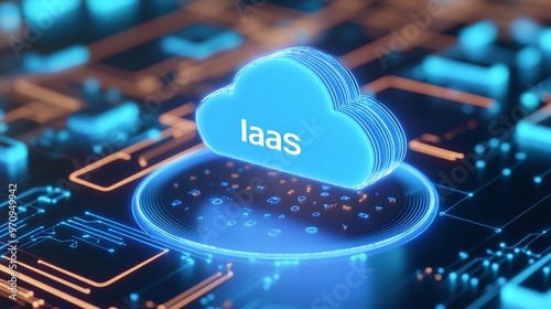 Illustration of IaaS cloud computing concept showcasing technology and digital architecture in a modern design.