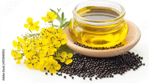 Mustard oil seed and flower on dish on white background. useful in cooking and external body care. Mustard seeds and oil with mustard plants with pods and flowers