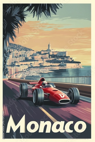 A vintage travel poster highlights Monacos racing culture, featuring a classic car speeding along the coastline with luxurious architecture and scenic landscapes in the background.