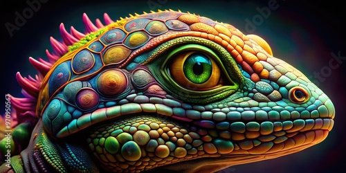 A colorful illustration of a brain with lizard features, showcasing reptilian eyes, scaly skin, and a tongue-like nerve ending, symbolizing primal instincts. photo