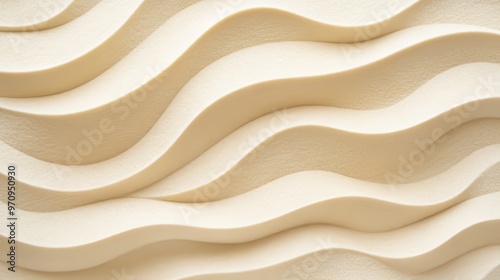 Natural beige sand texture background with wave pattern. Wavy curved ornaments on sand drawn by hand. Top view