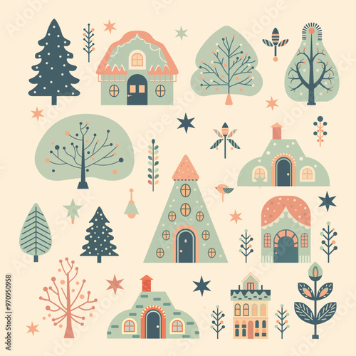 Set of Christmas baubles. Vector. Colorful collection of vintage Christmas decorative elements, ornaments and baubles. Various Christmas tree toys. Holiday vector illustration in flat cartoon style