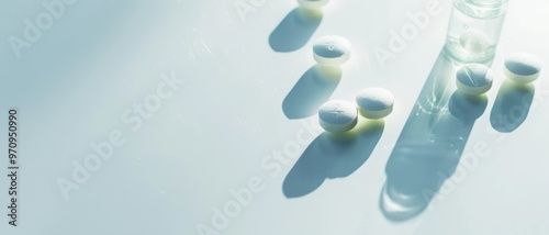 Four white pills and a glass bottle cast artistic shadows on a light blue, minimalist background.