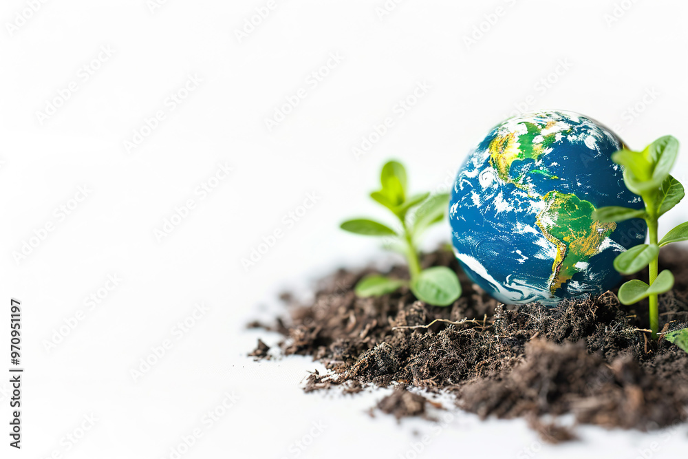 A small globe sits on a white background with green leaves., A small globe sits on a white background with green leaves.,
