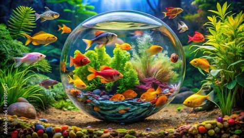 A colorful, serene underwater scene with vibrant tropical fish swimming around a clear glass bowl, surrounded by lush green aquatic plants and decorative rocks. photo