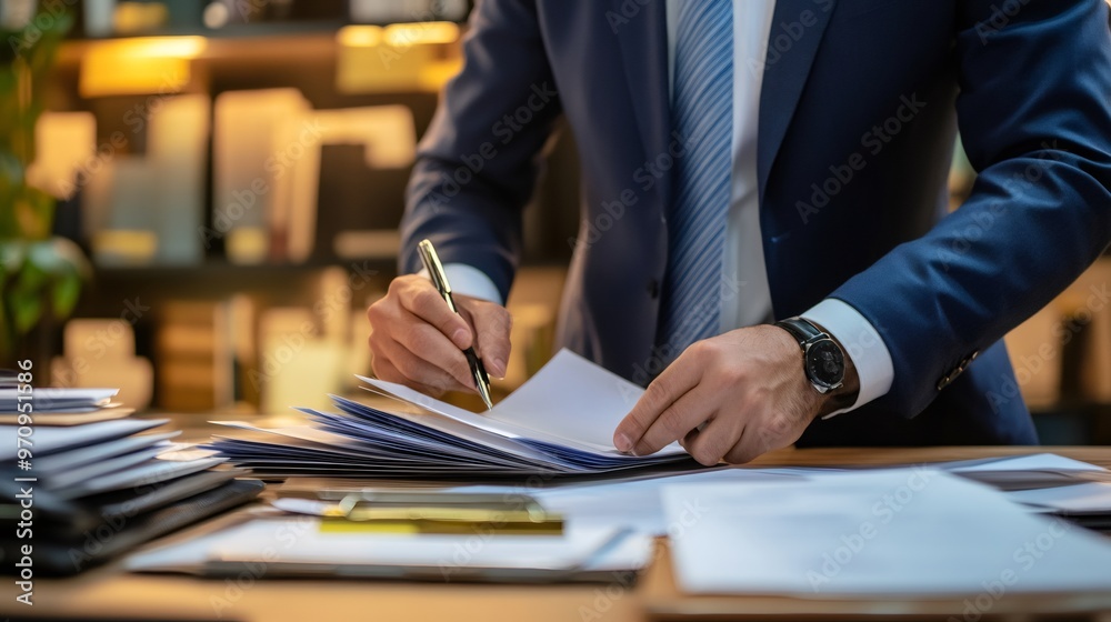 Businessman in a suit signing papers at his desk. Businessman in a suit signing papers at his desk.