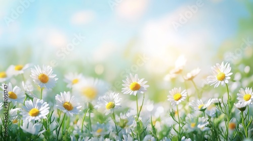 Beautiful blurred spring floral background nature with blooming glade of daisies and blue sky on sunny day.