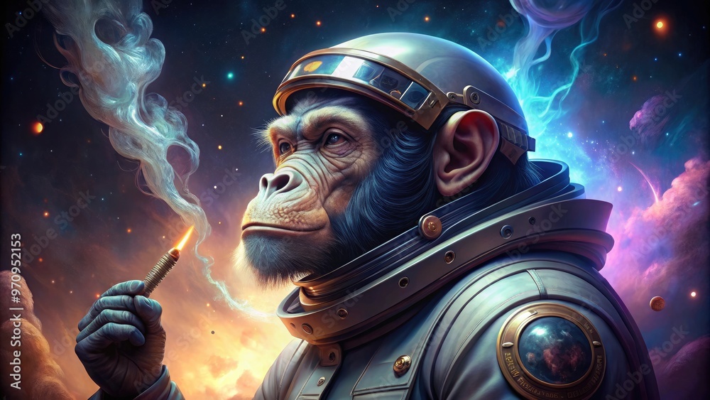 A cosmically cool primate in a futuristic space suit takes a break to puff on a lit cigar, surrounded by galaxy stars and nebula clouds.