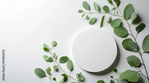 Empty round podium and green leaves on light grey background top view. Pedestal and fresh natural branches for cosmetic advertising. Eco product presentation mockup. Top view. Minimal flat lay.