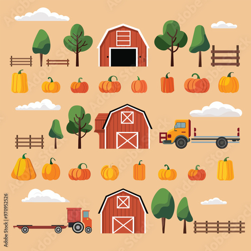 Vector set of illustrations pumpkin season. Pumpkins, barn, fence, clouds, etc. for print design or for blog