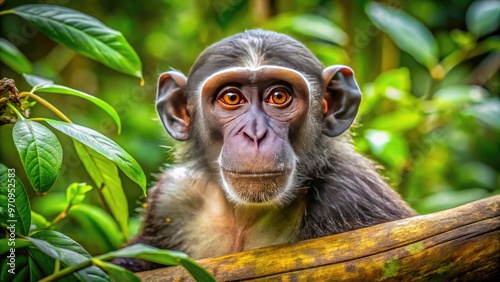 A curious adult monkey with a charismatic gaze perches on a branch in a lush, vibrant jungle in the heart of the African wilderness. photo