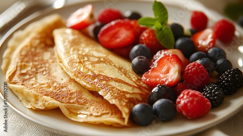 Buttery Pancakes Topped with Fresh Strawberries, Raspberries, and Blueberries