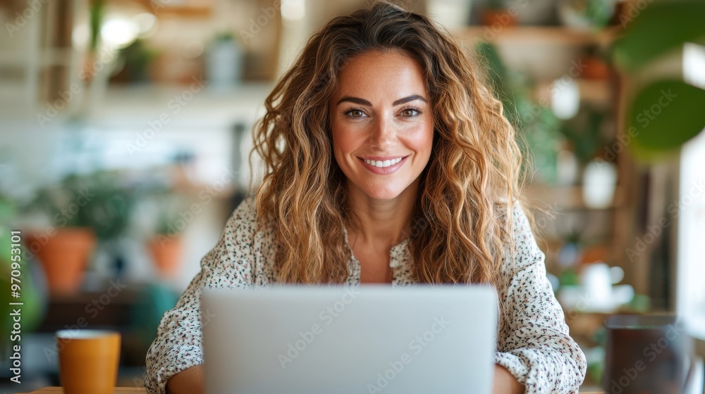 A smiling woman with wavy hair sits by her laptop in a sunlit home office filled with green plants, creating a peaceful and productive environment. A smiling woman with wavy hair sits by her laptop in a sunlit home office filled with green plants, creating a peaceful and productive environment.