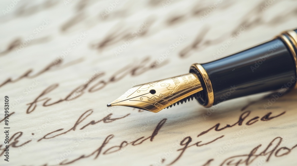 Fototapeta premium Timeless classic fountain pen resting atop a background adorned with elegant handwritten text