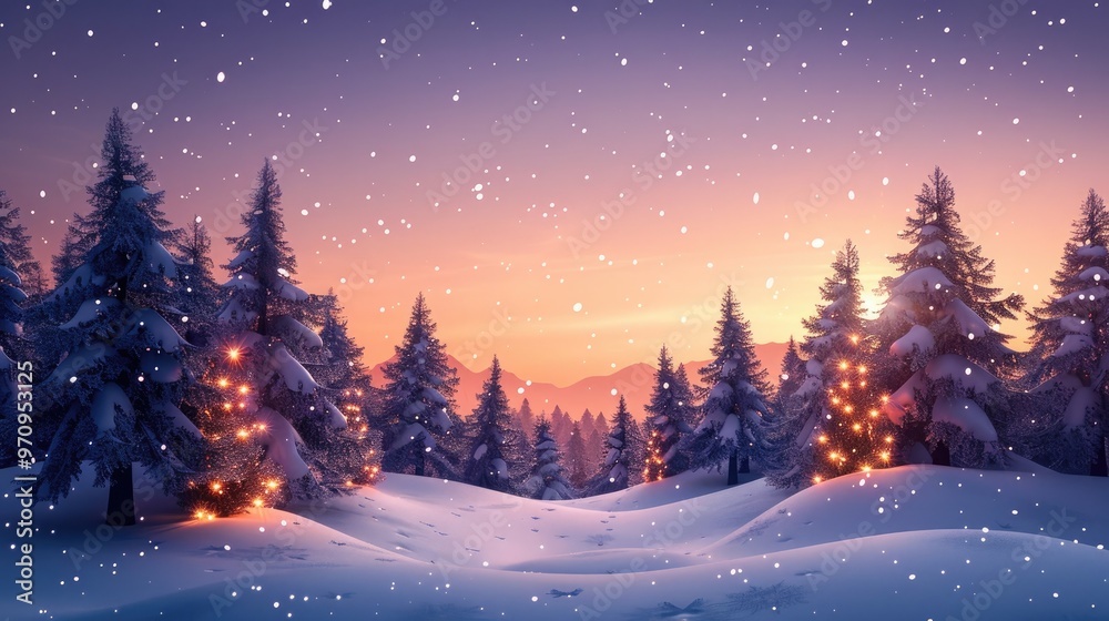 Enchanting snowy winter forest landscape with glowing lights illuminating the tall pine trees and a starry night sky in the background Enchanting snowy winter forest landscape with glowing lights illuminating the tall pine trees and a starry night sky in the background