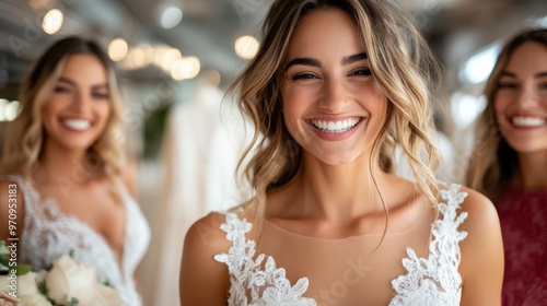 A radiant bride in a lace dress, holding a bouquet, smiles happily with two of her smiling friends, capturing the joyful essence of her special day. photo