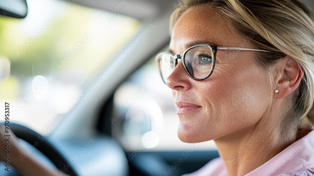 A woman with glasses drives a car, exuding confidence and focus, as sunlight highlights her determination and the progress she's making on her journey. A woman with glasses drives a car, exuding confidence and focus, as sunlight highlights her determination and the progress she's making on her journey.