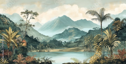 Fototapeta Naklejka Na Ścianę i Meble -  Watercolor painting of a green jungle landscape in retro or vintage style. Watercolor wallpaper pattern. Lush, green rainforest background.