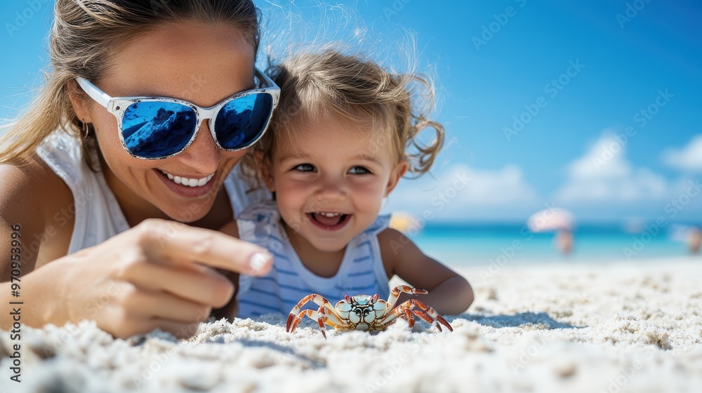 A joyful mother and daughter lie on the sand, fascinated by a small crab, capturing a moment of happiness and wonder at the beach under a sunny sky. A joyful mother and daughter lie on the sand, fascinated by a small crab, capturing a moment of happiness and wonder at the beach under a sunny sky.