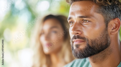 A man gazes thoughtfully into the distance while surrounded by lush greenery, evoking a sense of introspection and peaceful connection with nature.