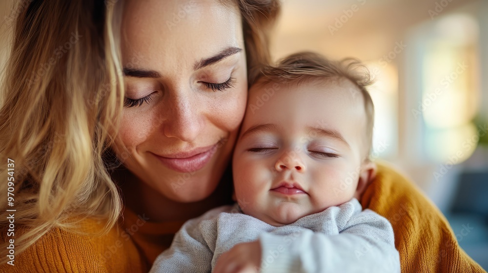 A serene mother lovingly holds her peacefully sleeping baby in a soft, warm embrace, capturing an intimate moment of bonding and nurturing care. A serene mother lovingly holds her peacefully sleeping baby in a soft, warm embrace, capturing an intimate moment of bonding and nurturing care.