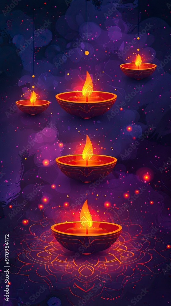 Diwali lamps hanging in a row on a purple background, vector illustration with copy space for text design Diwali lamps hanging in a row on a purple background, vector illustration with copy space for text design