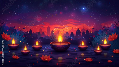 Diwali lamps hanging in a row on a purple background, vector illustration with copy space for text design