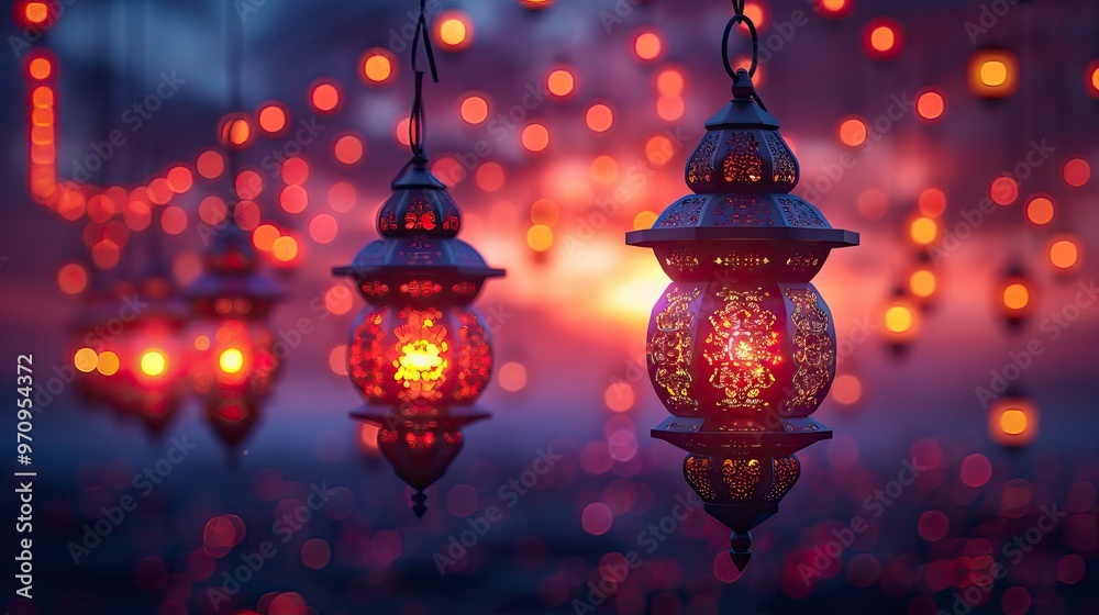 Diwali lamps hanging in a row on a purple background, vector illustration with copy space for text design Diwali lamps hanging in a row on a purple background, vector illustration with copy space for text design