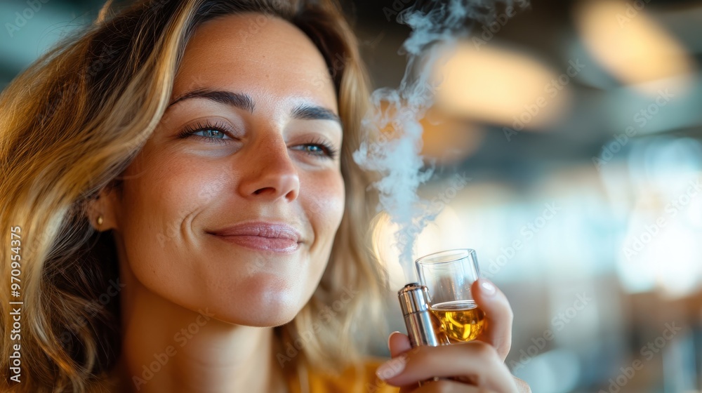 A satisfied woman uses an aroma vape pen, exhaling vapor with a gentle smile, amidst a backdrop of subtle warm ambiance within the home. A satisfied woman uses an aroma vape pen, exhaling vapor with a gentle smile, amidst a backdrop of subtle warm ambiance within the home.