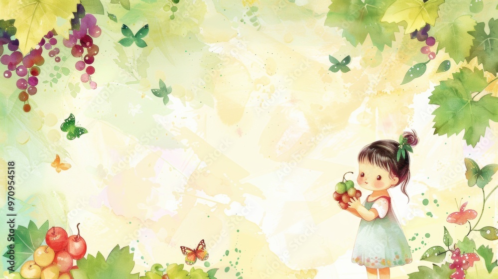 Background template with copy space of grape leaf and vine and a little child Background template with copy space of grape leaf and vine and a little child